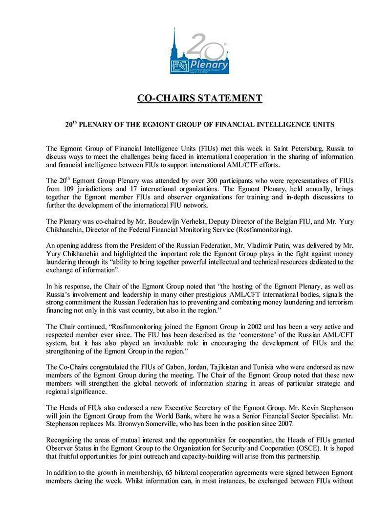 Saint Petersburg, Russia CoChairs Statement Egmont Group