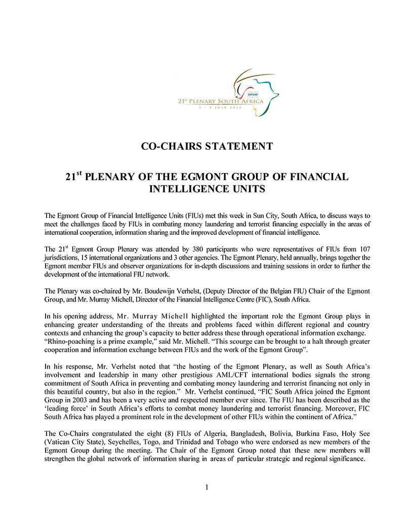 Sun City, South Africa CoChairs Statement Egmont Group