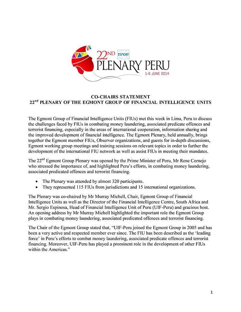 Lima, Peru CoChairs Statement Egmont Group