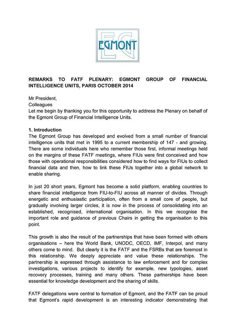 Paris, France Remarks by the Chair of the EG at the FATF Plenary