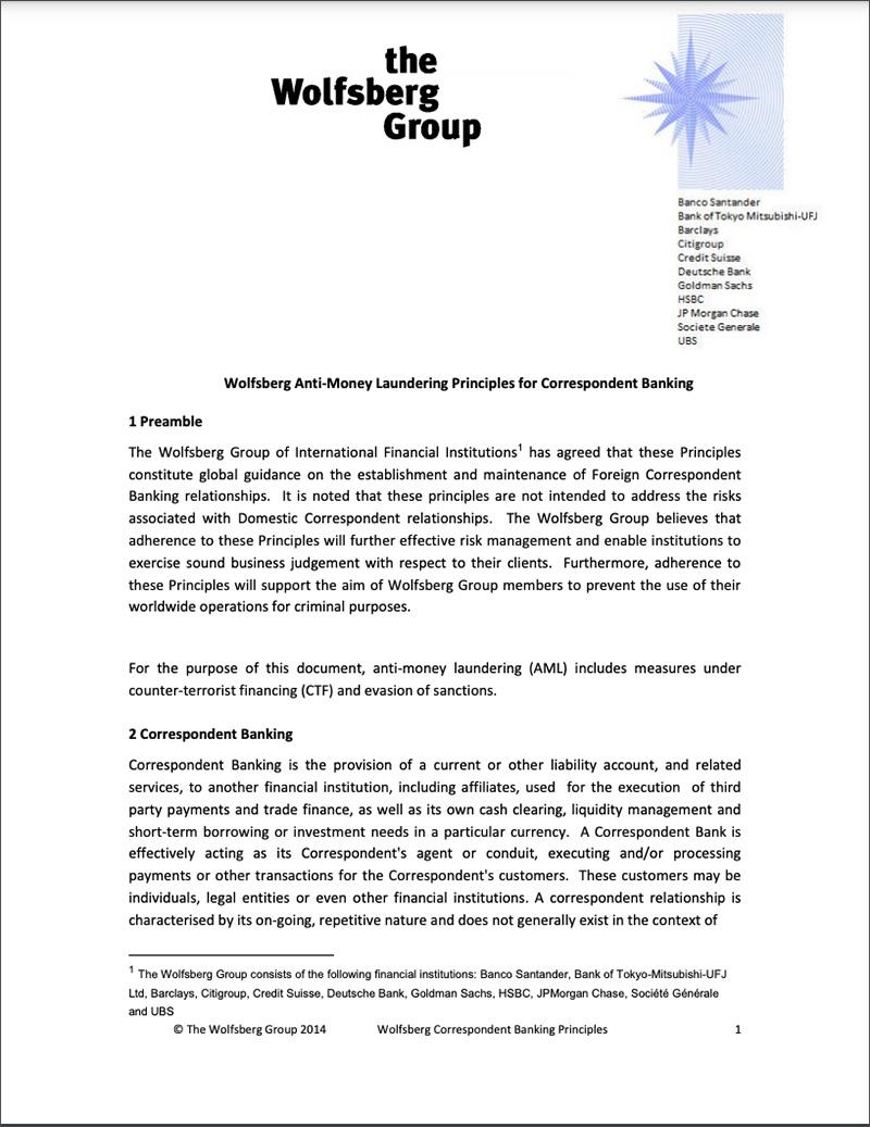 Wolfsberg AntiMoney Laundering Principles for Correspondent Banking