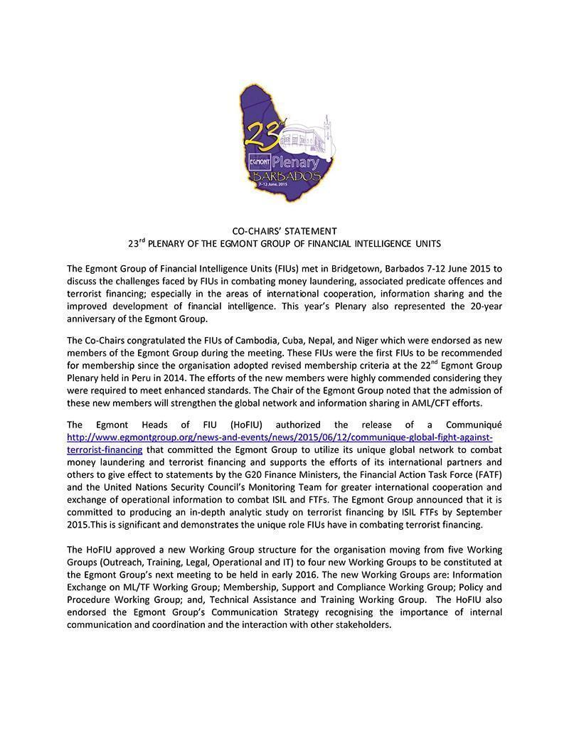 Bridgetown, Barbados CoChairs Statement Egmont Group