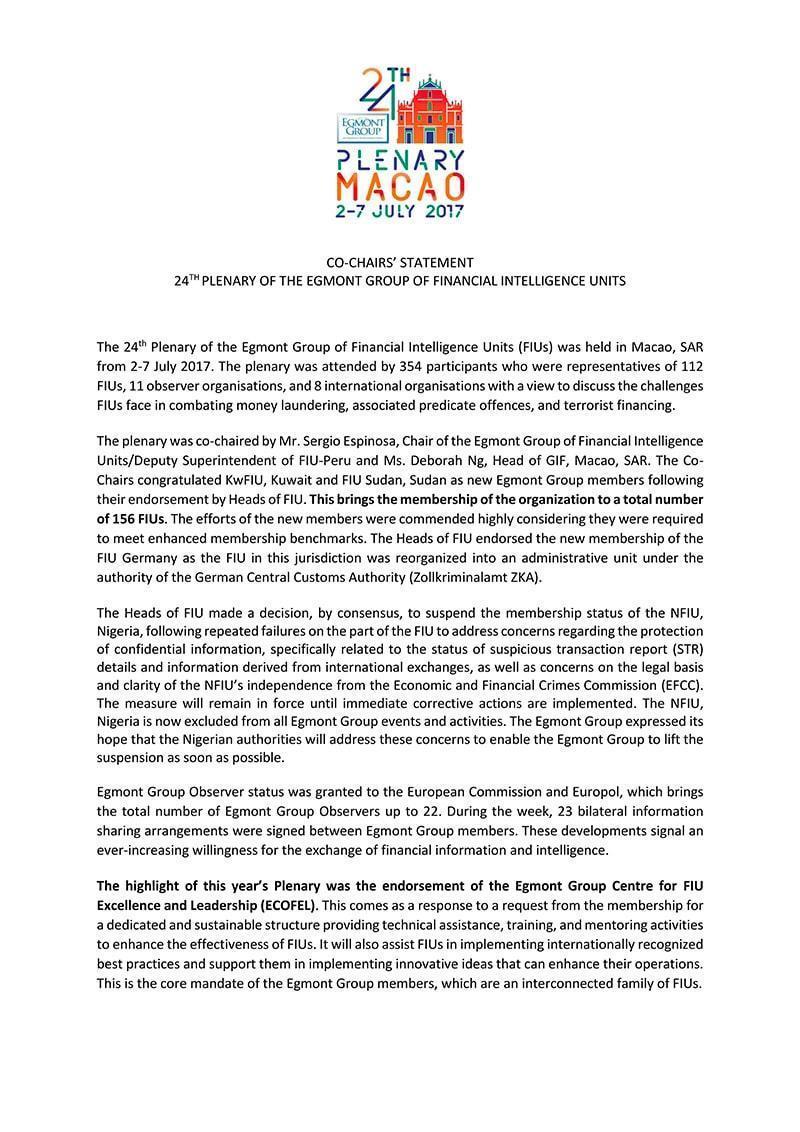 Macao CoChairs Statement Egmont Group