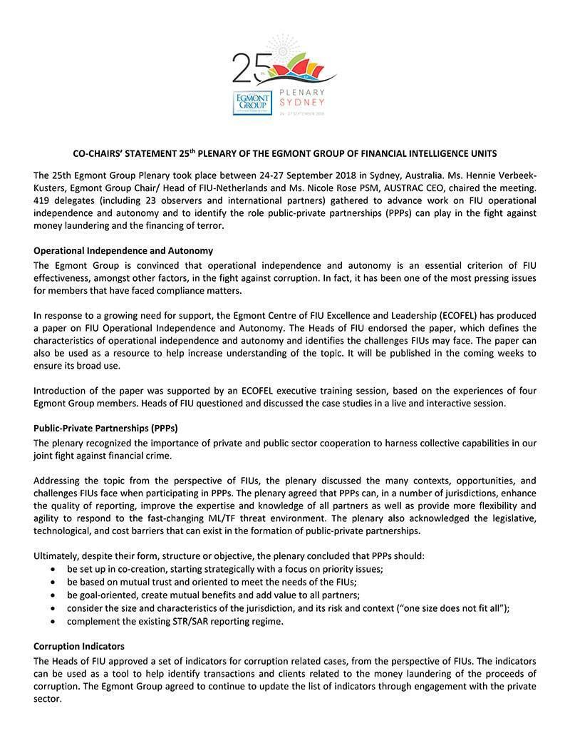 Sydney, Australia CoChairs Statement Egmont Group