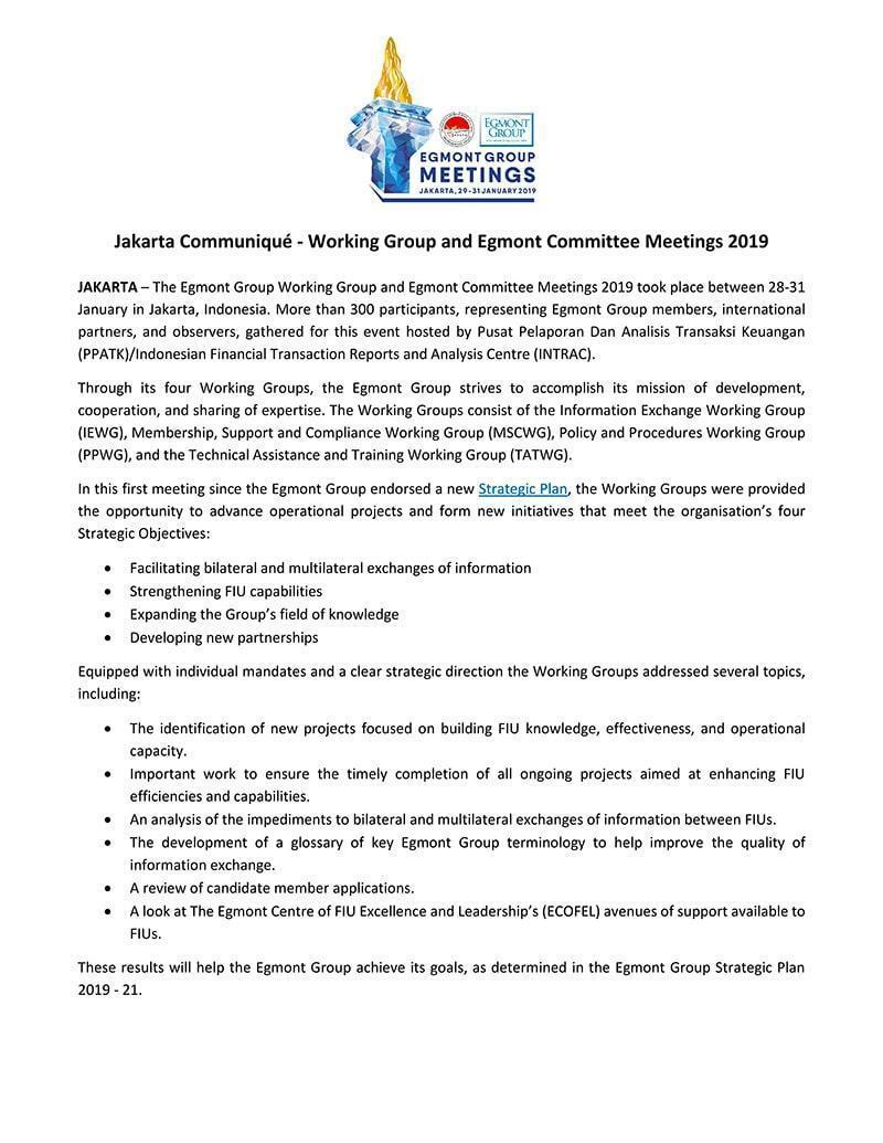Jakarta, Indonesia Working Group Meetings Communique Egmont Group