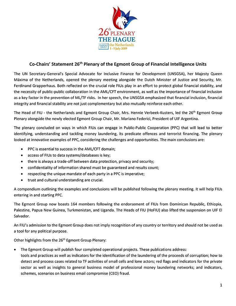 The Hague, Netherlands CoChairs Statement Egmont Group